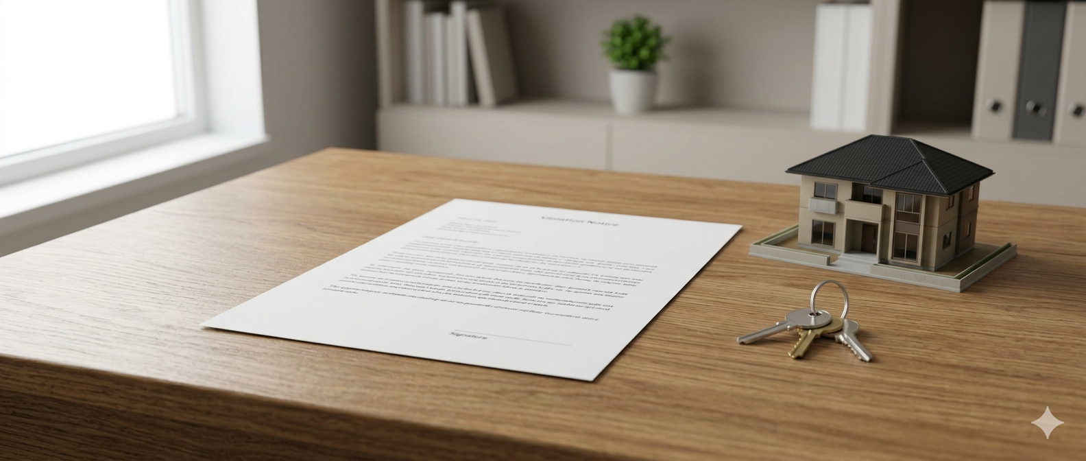 Formal violation notice on a desk next to house keys representing condominium enforcement