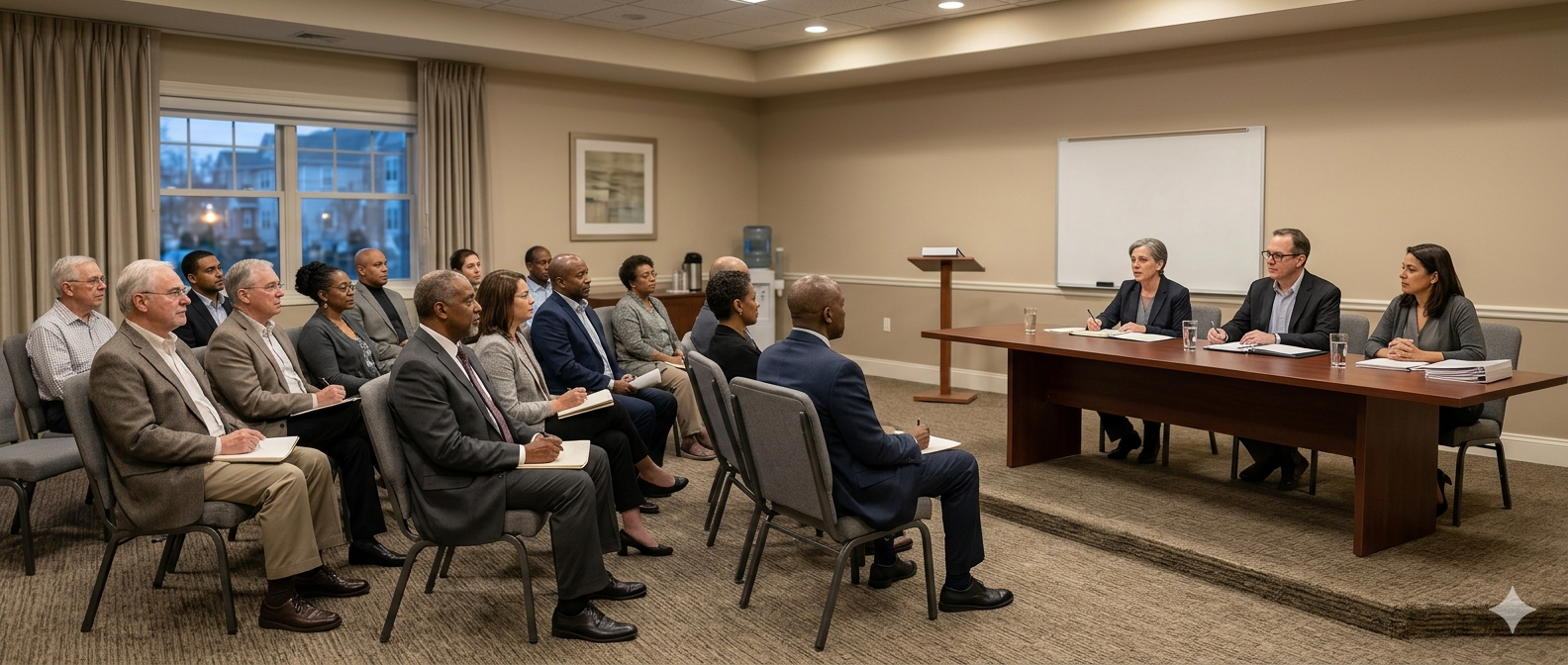 Condominium annual meeting with board members and residents in a community room
